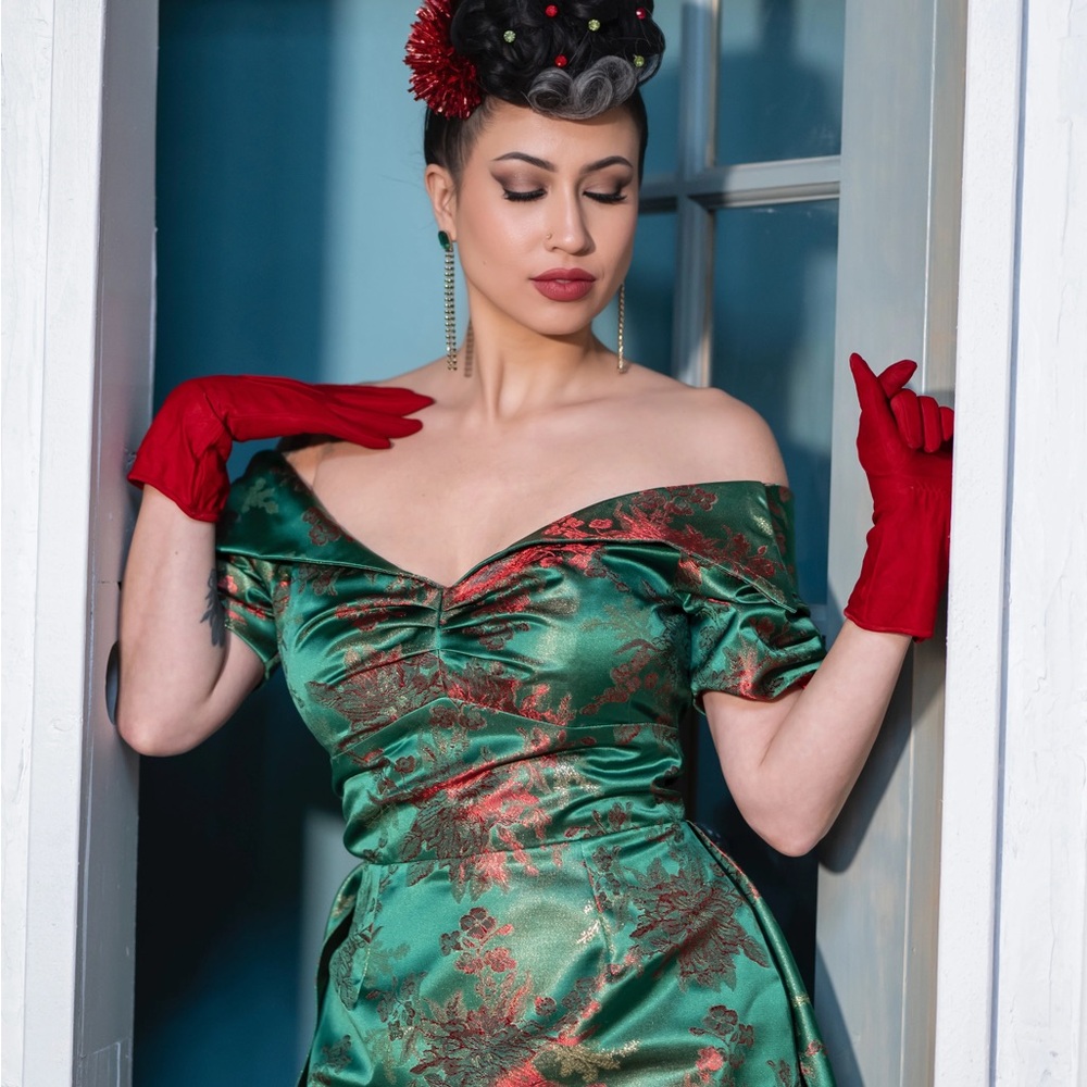 Green Red Brocade Vintage Repro Pinup Wiggle Dress vixen